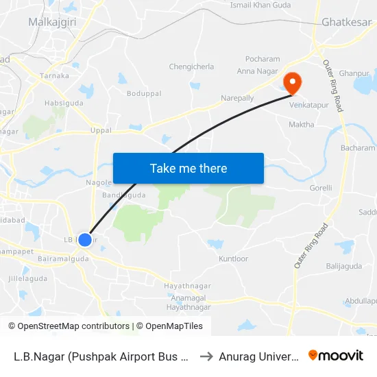 L.B.Nagar (Pushpak Airport Bus Stop) to Anurag University map