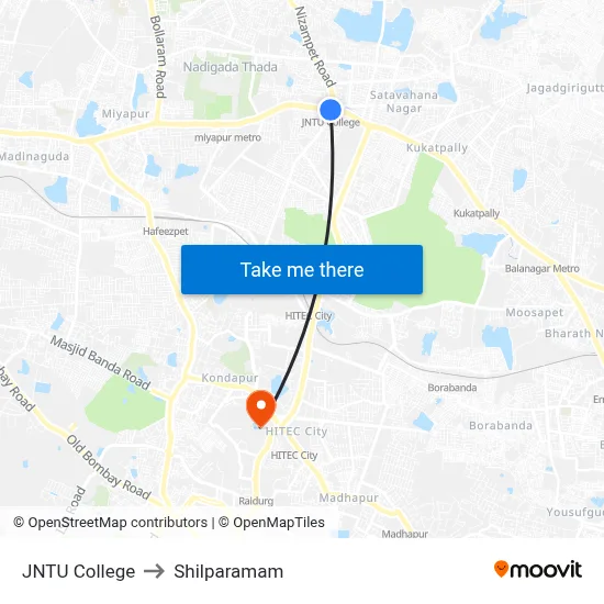 JNTU College to Shilparamam map