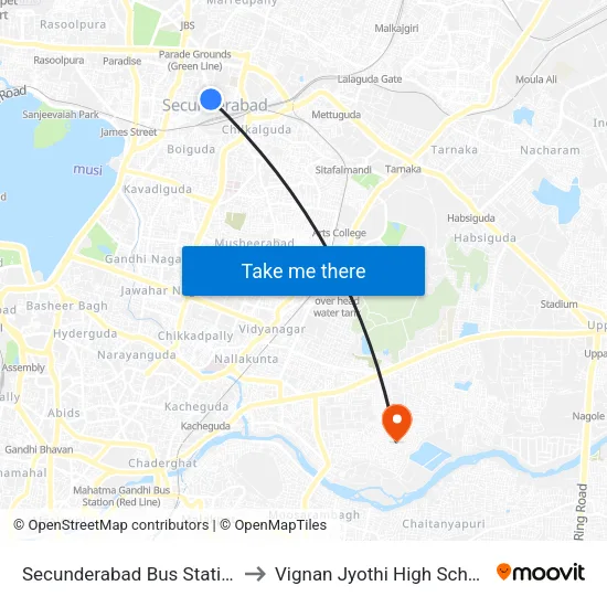 Secunderabad Bus Station to Vignan Jyothi High School map