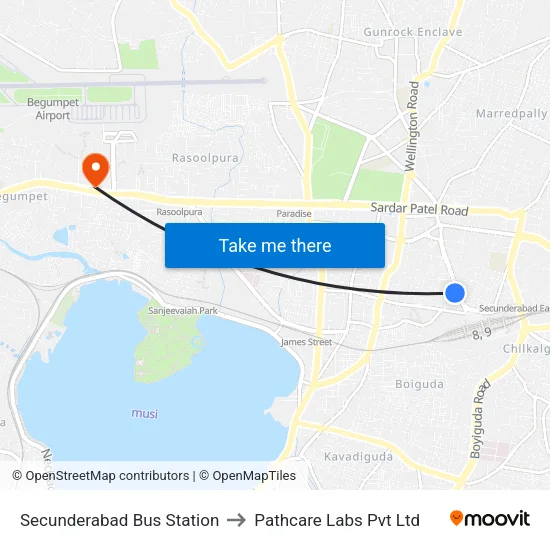 Secunderabad Bus Station to Pathcare Labs Pvt Ltd map