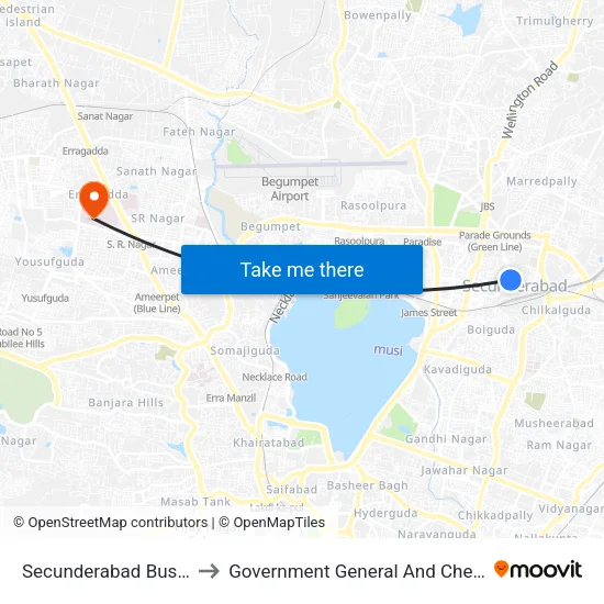 Secunderabad Bus Station to Government General And Chest Hospital map