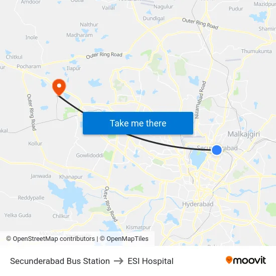 Secunderabad Bus Station to ESI Hospital map