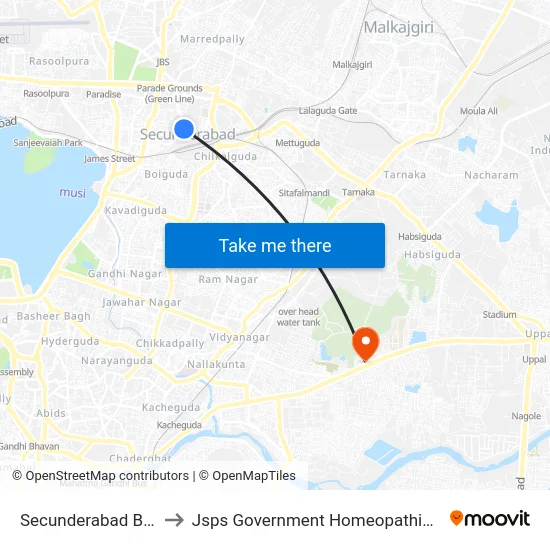Secunderabad Bus Station to Jsps Government Homeopathic Medical College map