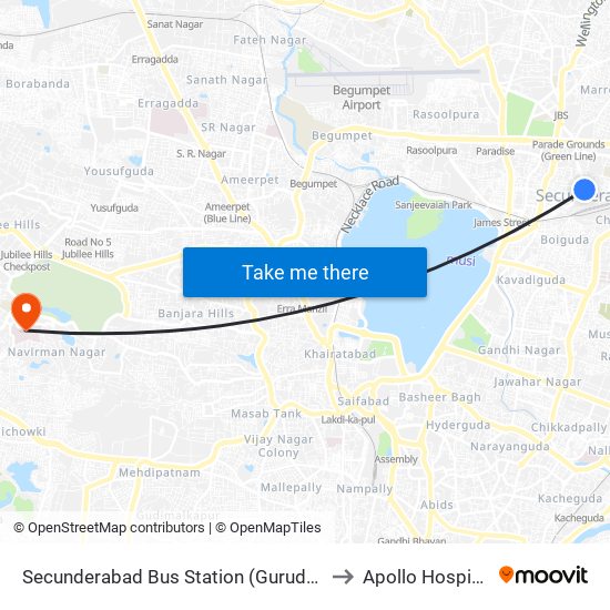 Secunderabad Bus Station (Gurudwara) to Apollo Hospitals map