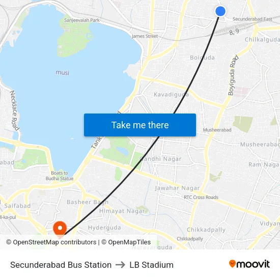 Secunderabad Bus Station to LB Stadium map