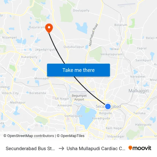 Secunderabad Bus Station to Usha Mullapudi Cardiac Centre map