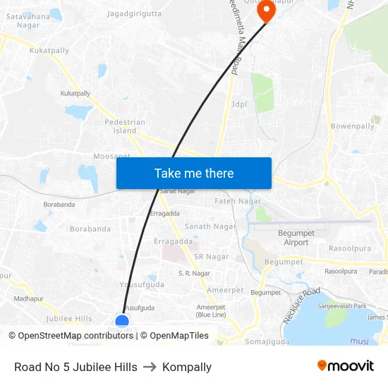 Road No 5 Jubilee Hills to Kompally map