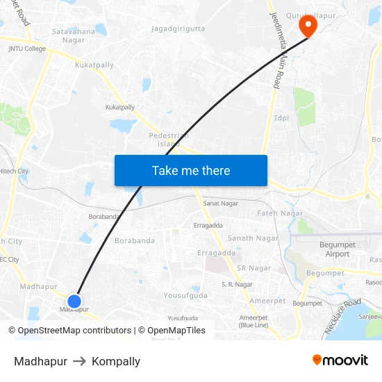 Madhapur to Kompally map