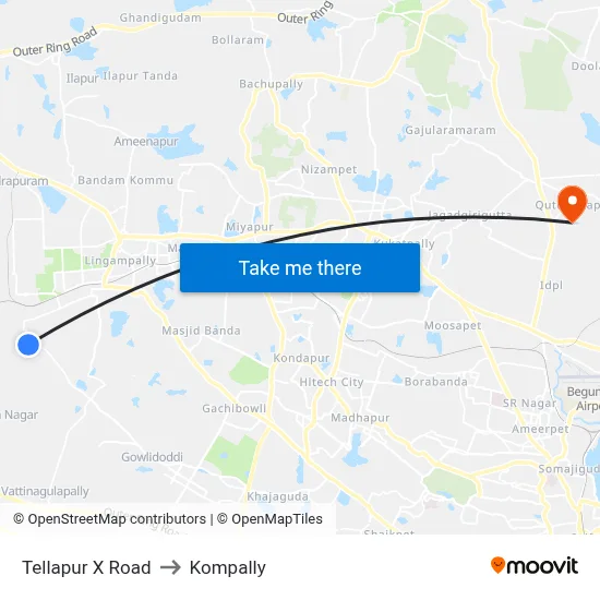 Tellapur X Road to Kompally map