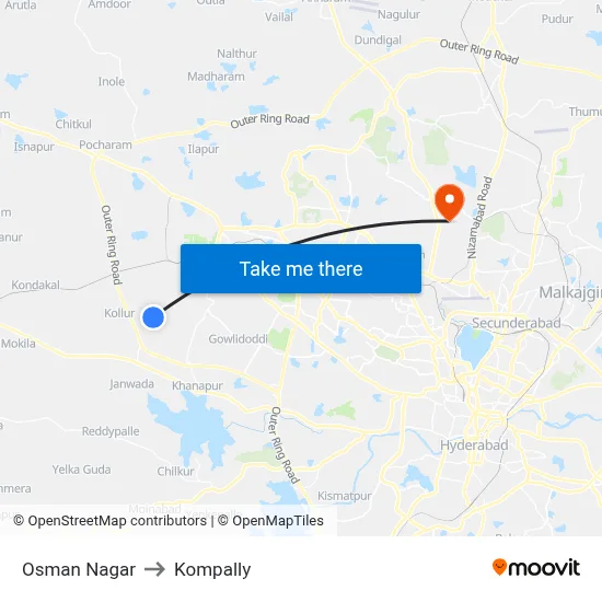 Osman Nagar to Kompally map