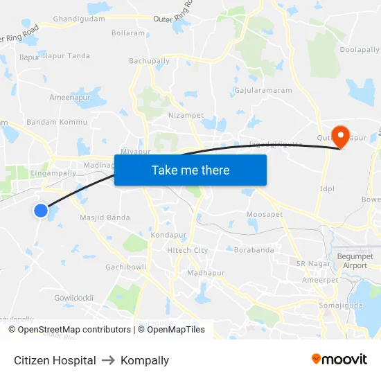 Citizen Hospital to Kompally map