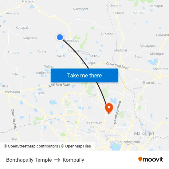 Bonthapally Temple to Kompally map