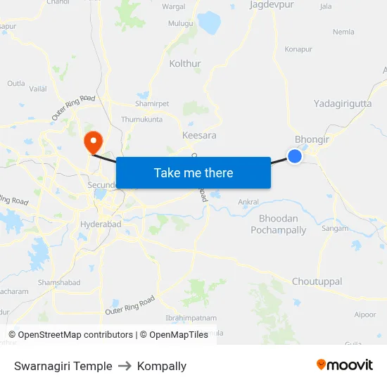 Swarnagiri Temple to Kompally map