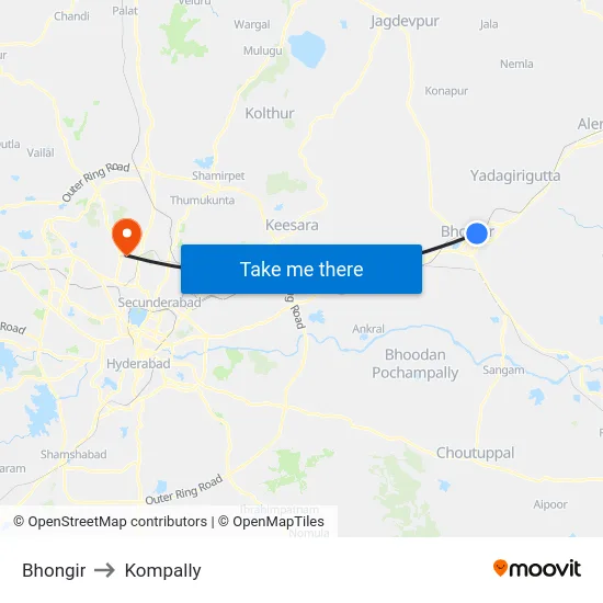 Bhongir to Kompally map