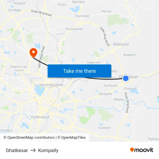 Ghatkesar to Kompally map