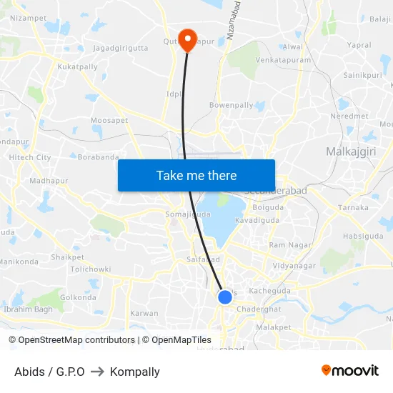 Abids / G.P.O to Kompally map