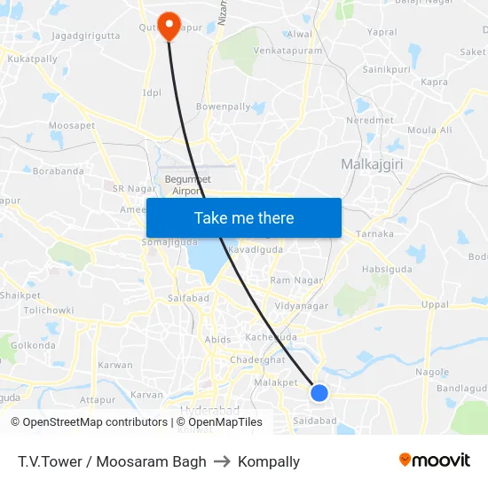 T.V.Tower / Moosaram Bagh to Kompally map