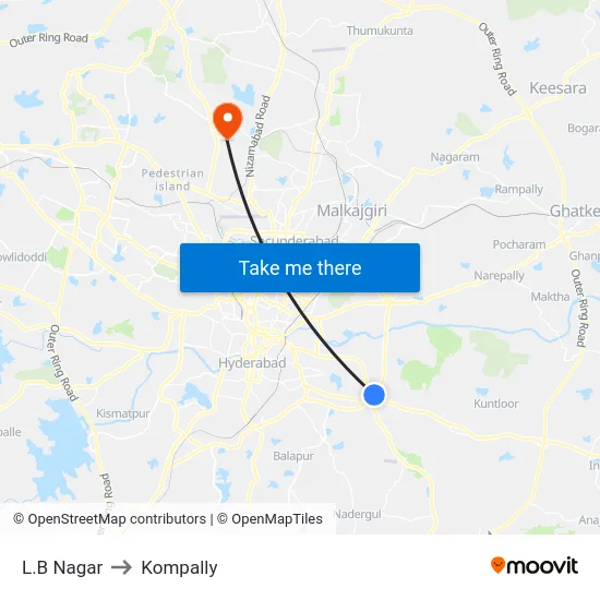 L.B Nagar to Kompally map
