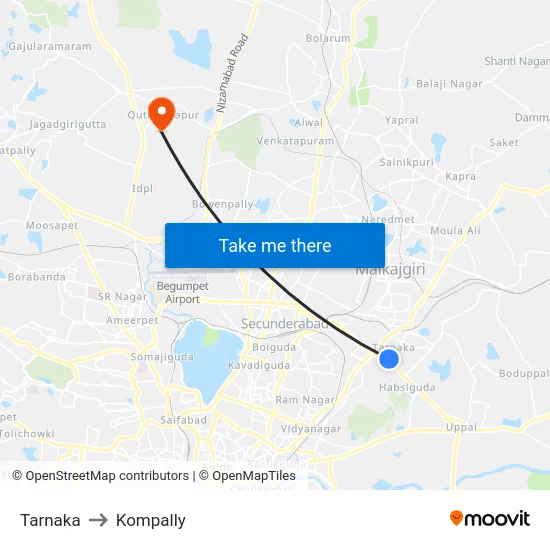Tarnaka to Kompally map