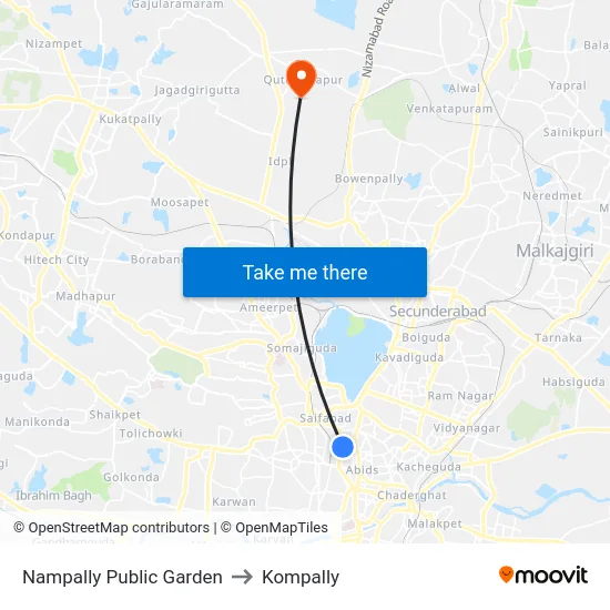 Nampally Public Garden to Kompally map