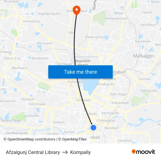 Afzalgunj Central Library to Kompally map
