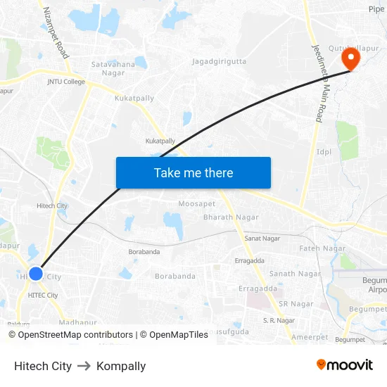 Hitech City to Kompally map