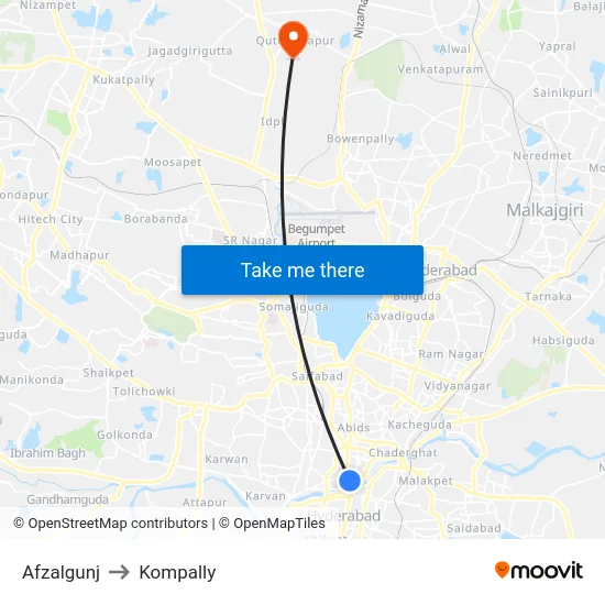 Afzalgunj to Kompally map
