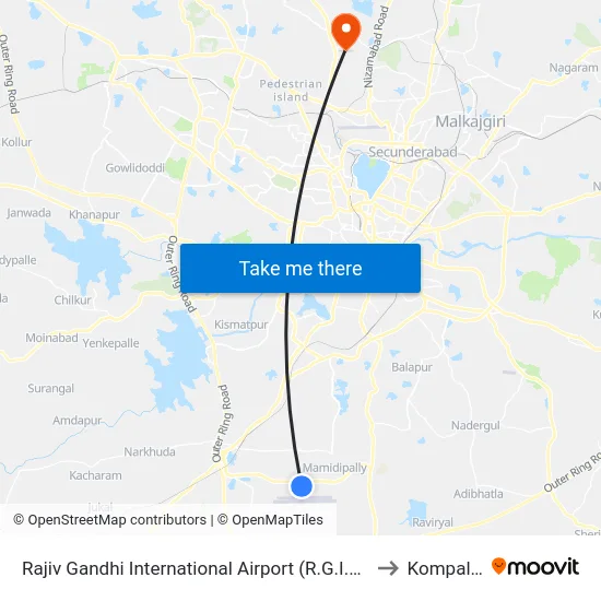 Rajiv Gandhi International Airport (R.G.I.A.) to Kompally map