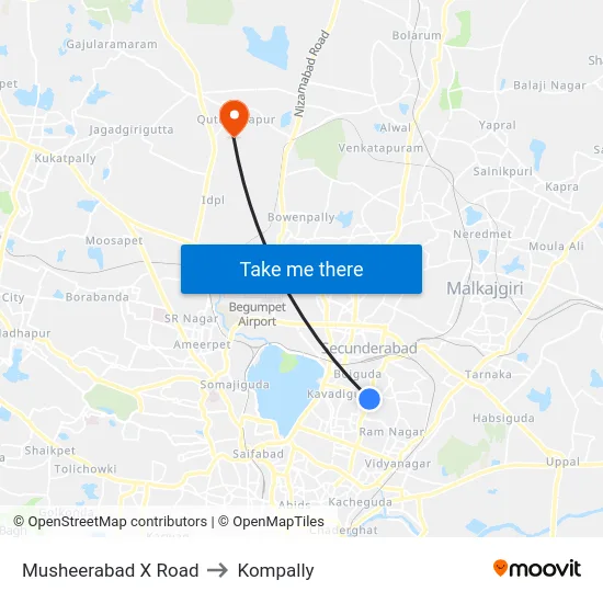 Musheerabad X Road to Kompally map