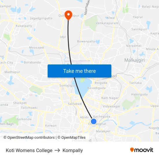 Koti Womens College to Kompally map