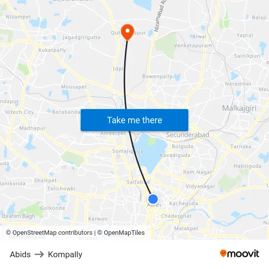 Abids to Kompally map