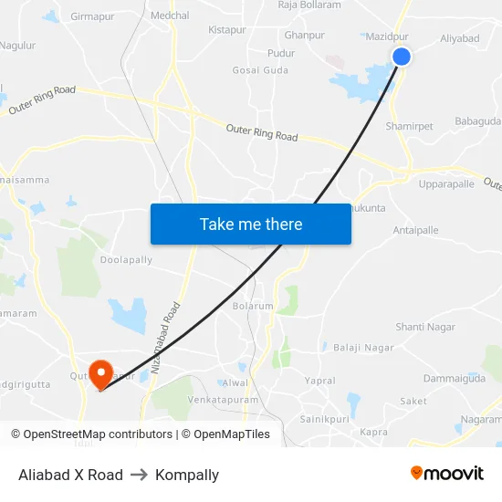 Aliabad X Road to Kompally map
