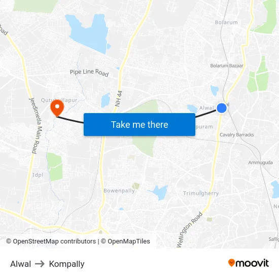 Alwal to Kompally map