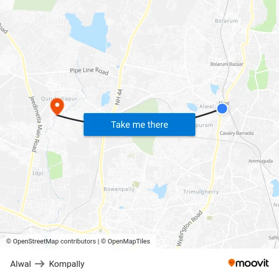 Alwal to Kompally map