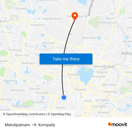 Mehdipatnam to Kompally map