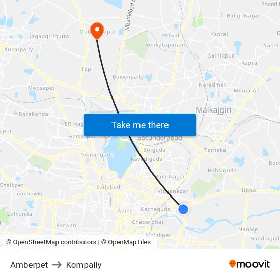 Amberpet to Kompally map