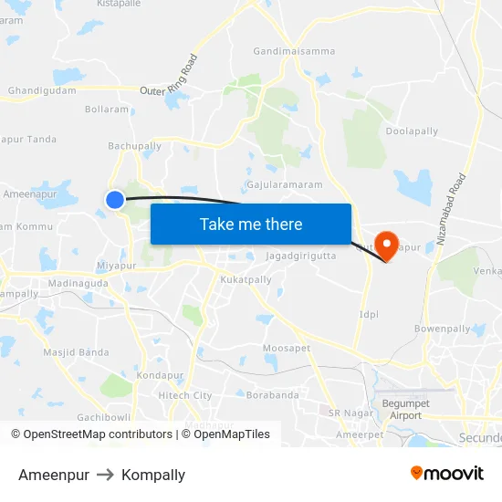 Ameenpur to Kompally map