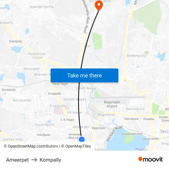 Ameerpet to Kompally map