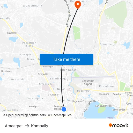 Ameerpet to Kompally map