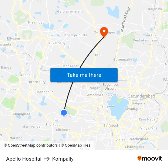 Apollo Hospital to Kompally map