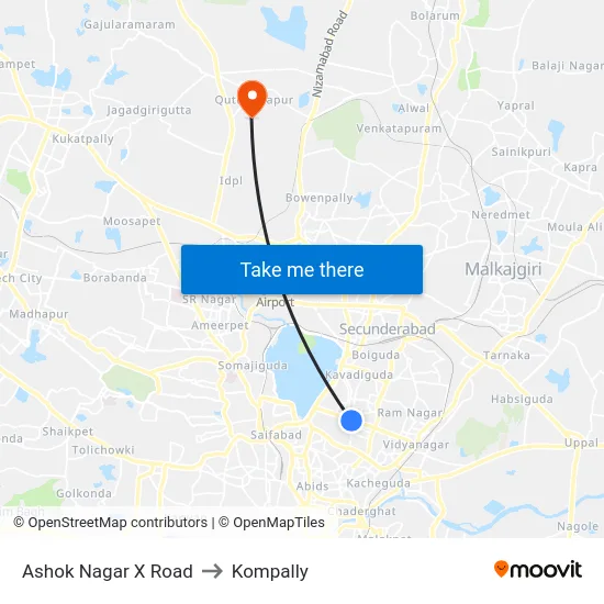 Ashok Nagar X Road to Kompally map