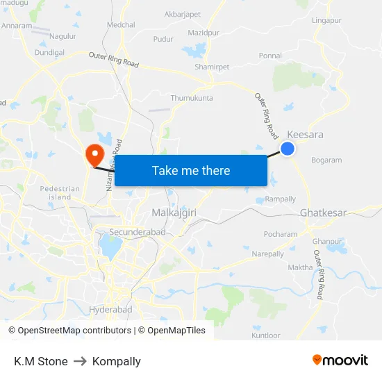 K.M Stone to Kompally map