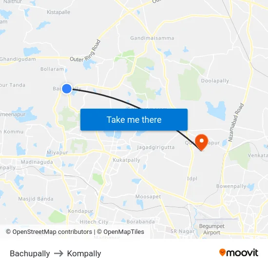 Bachupally to Kompally map