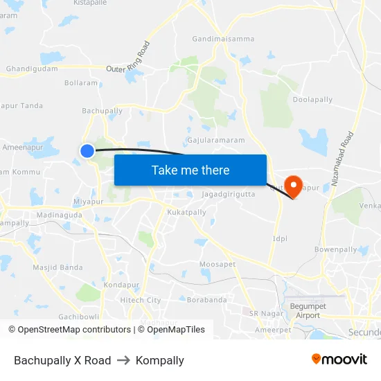 Bachupally X Road to Kompally map
