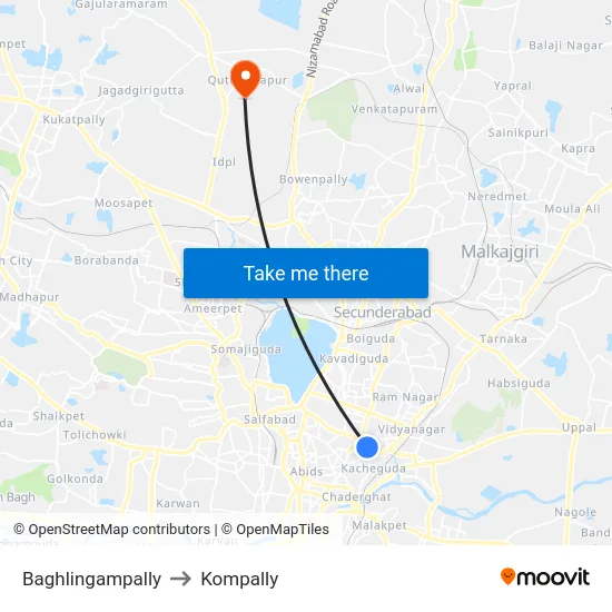 Baghlingampally to Kompally map