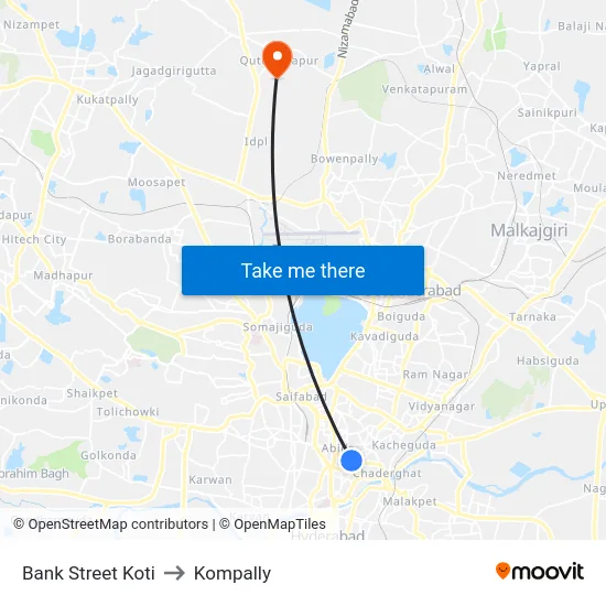 Bank Street Koti to Kompally map