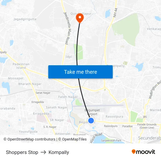 Shoppers Stop to Kompally map