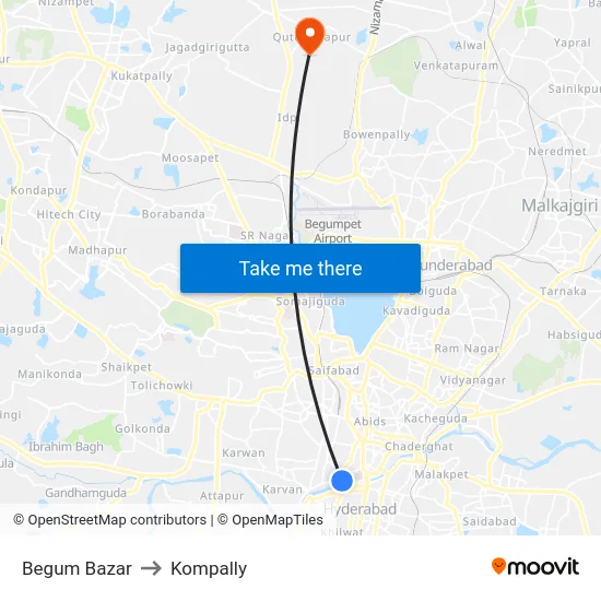 Begum Bazar to Kompally map
