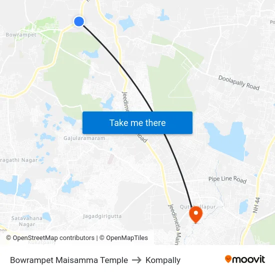 Bowrampet Maisamma Temple to Kompally map