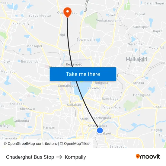 Chaderghat Bus Stop to Kompally map